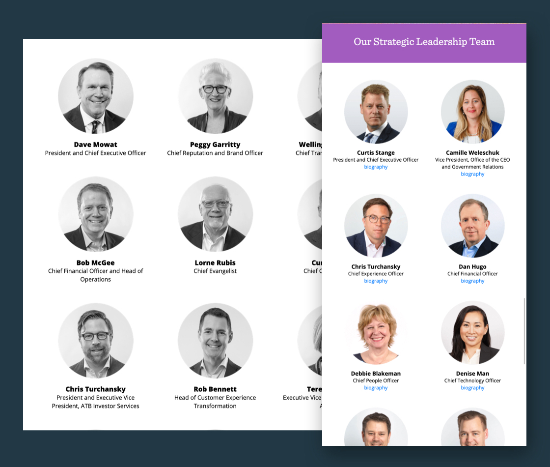 Circular images of ATB Financial's senior executives, in both mobile and desktop viewports