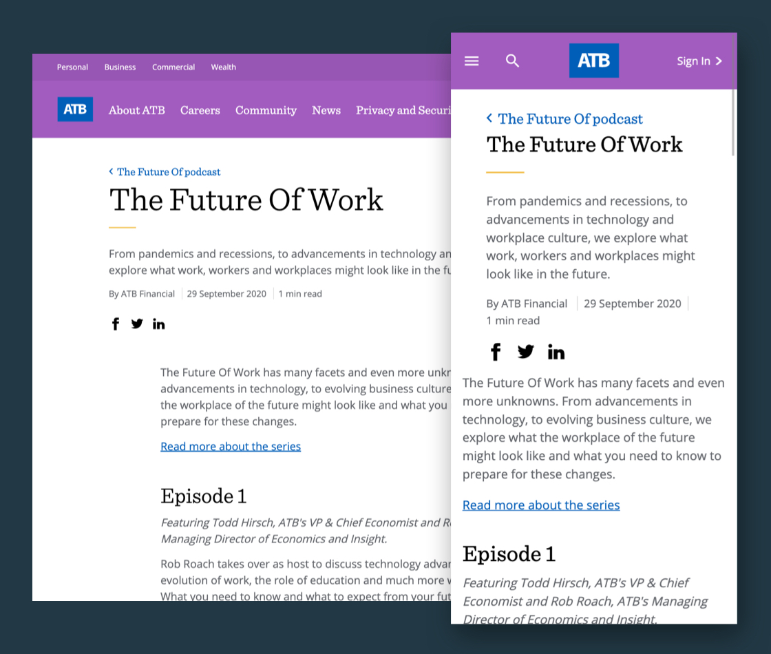 Image of the introductory section of The Future of Work podcast page on atb.com, in both desktop and mobile viewports