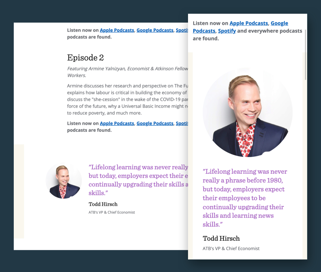 Image of a Quote component featuring Todd Hirsch, podcast hose of ATB Financial's The Future Of, in both desktop and mobile viewports