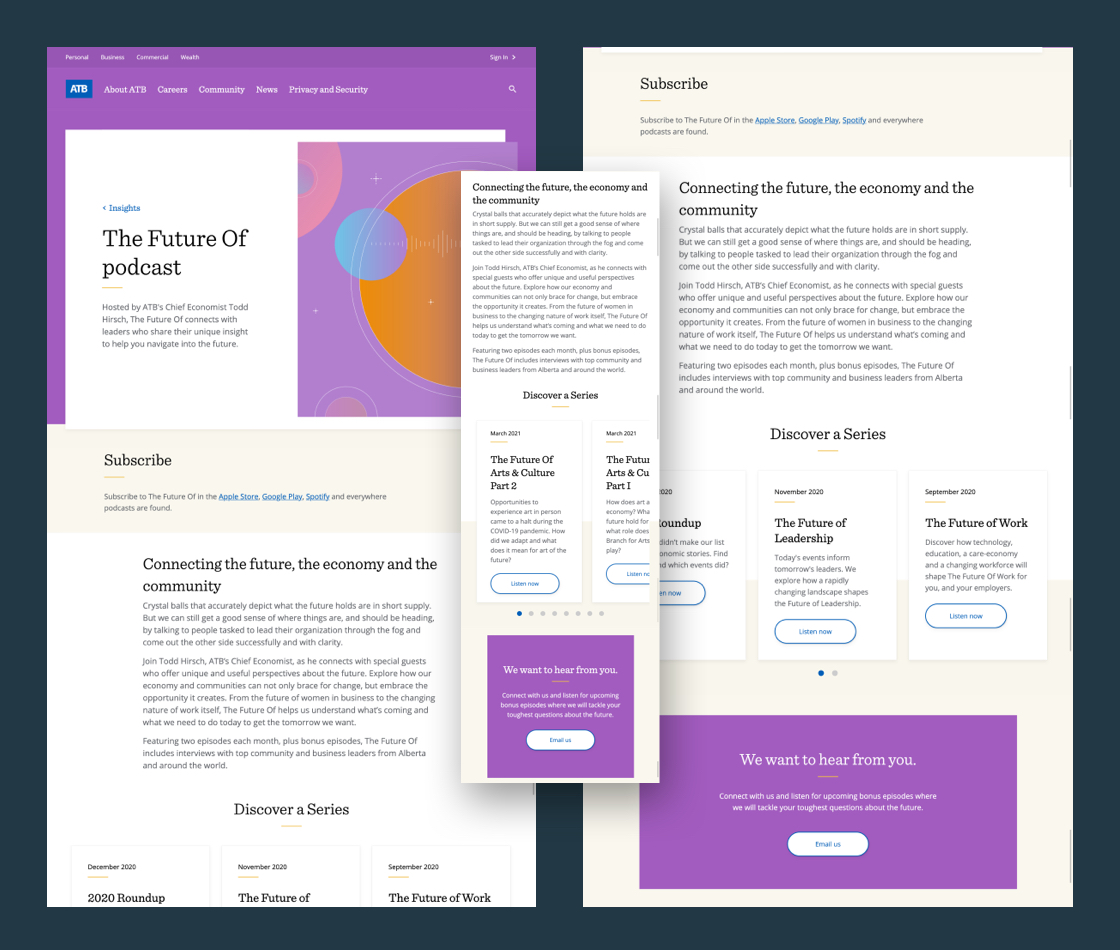 Image of the homepage of The Future Of podcast on atb.com, including desktop and mobile viewports