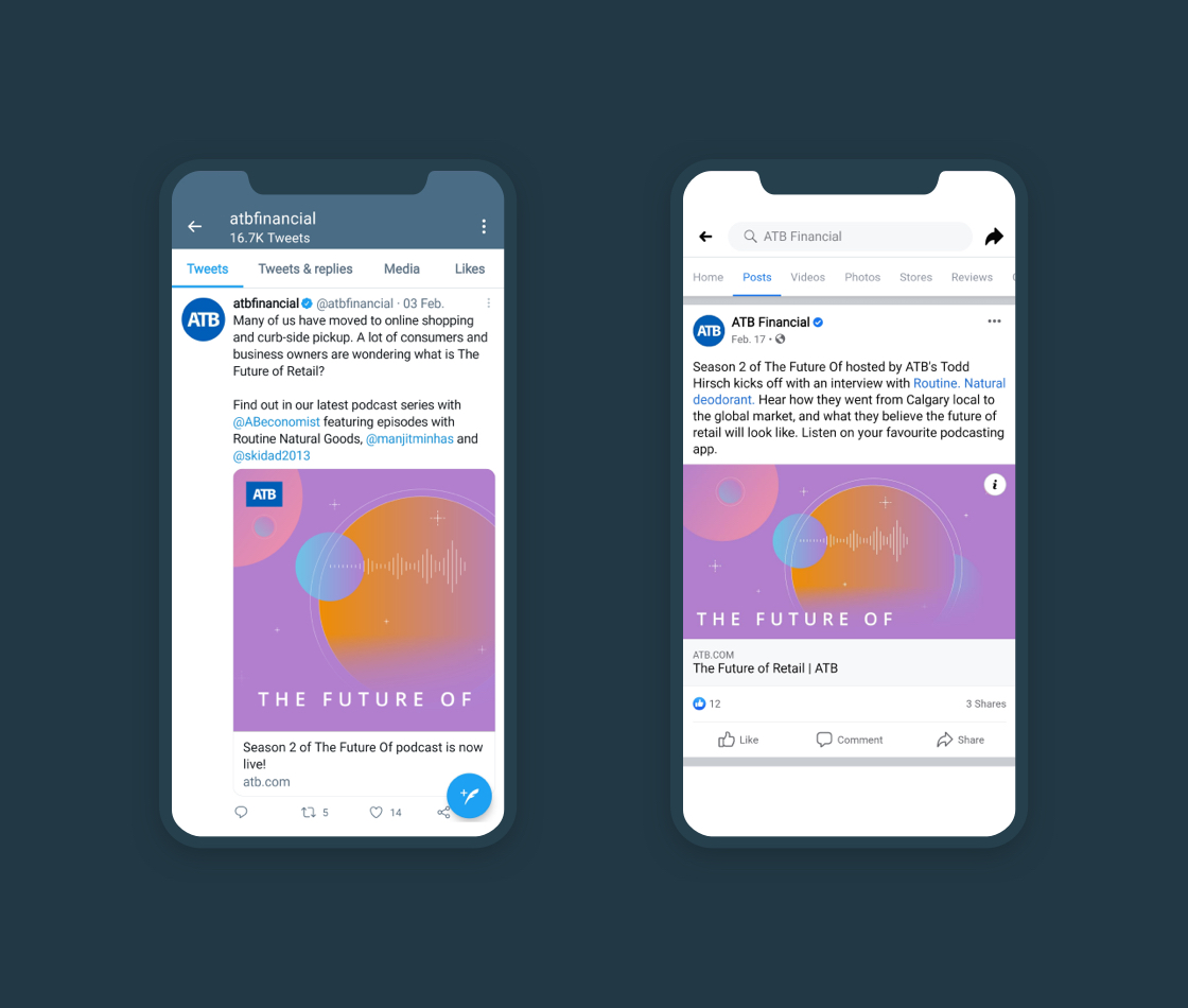 Mockups of promotion of The Future Of imagery and branding across Twitter and Facebook, in mobile viewports