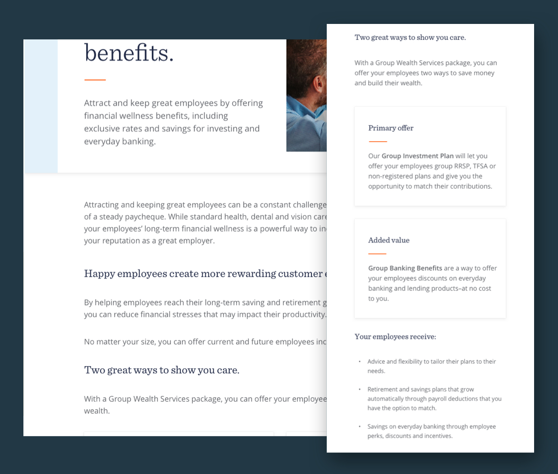 Instances of featured initiatives and proof points on the Group Wealth Services page, in both desktop and mobile viewports