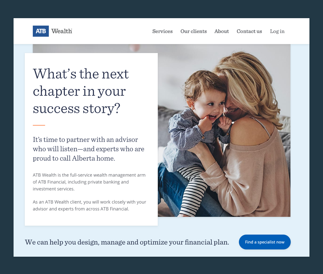 The homepage of the ATB Wealth microsite, in desktop viewport.