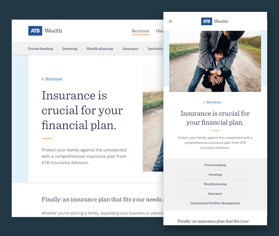 The introductory hero section of the Insurance page of the ATB Wealth microsite, in both desktop and mobile viewports