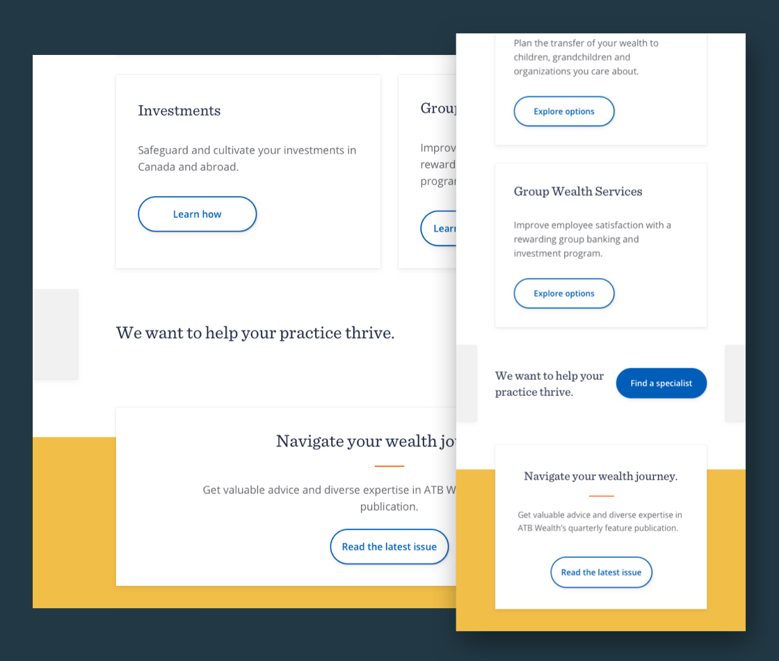 nstances of secondary feature cards on the Professionals landing page (non-carousel), as well as Primary and Secondary calls to action, on both desktop and mobile viewports
