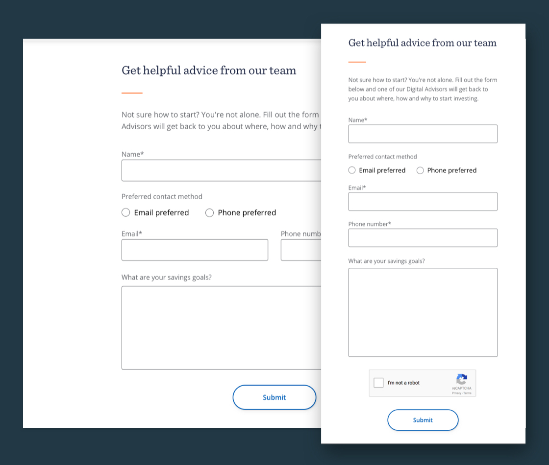 An example of the lead generation form a user may find upon questionnaire completion, which may vary depending on user result